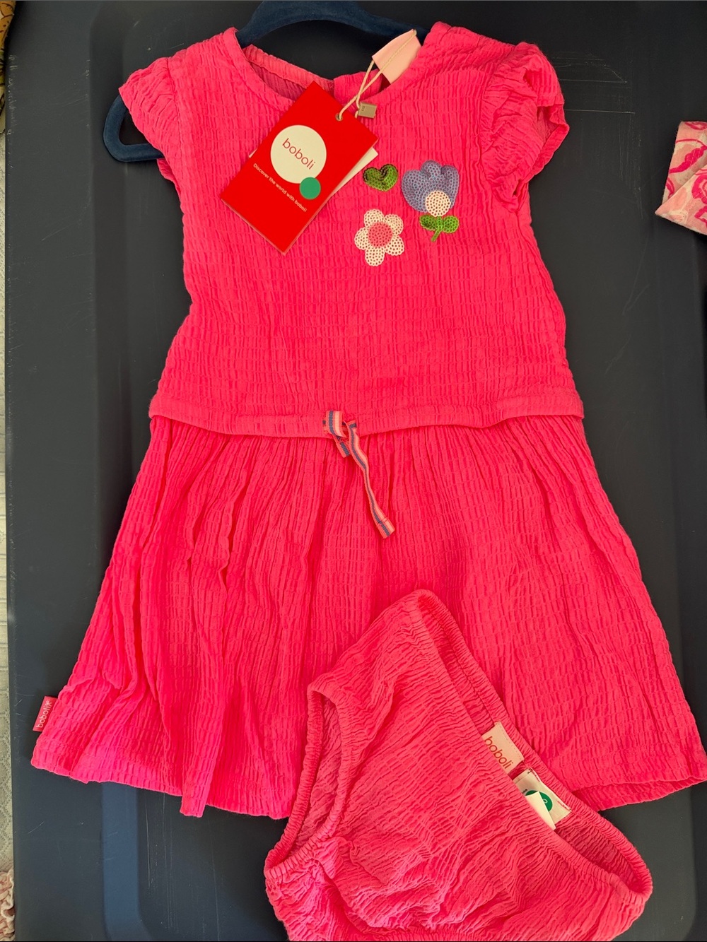 boboli Girls' Hot Pink Cotton Dress with Floral Appliqué